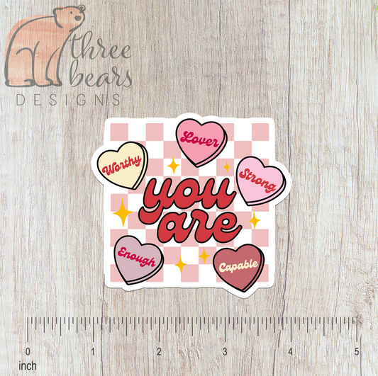 Candy Hearts Affirmations Sticker — INDOOR USE ONLY