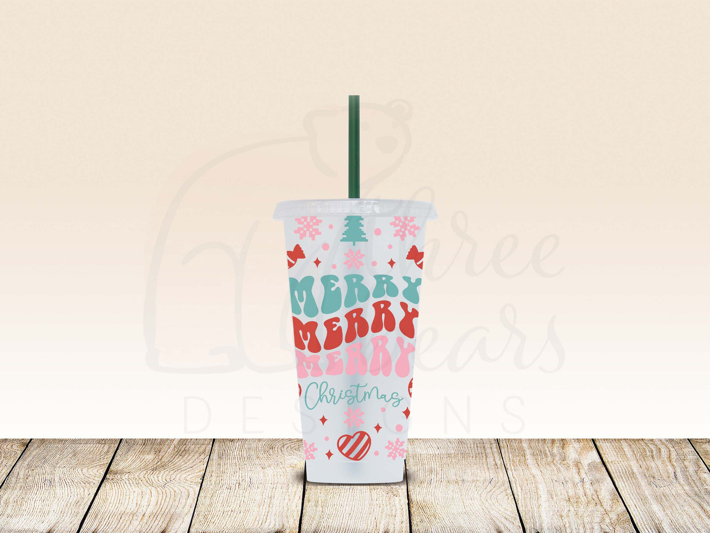 Retro Merry Christmas 24oz Cold Cup w/Straw